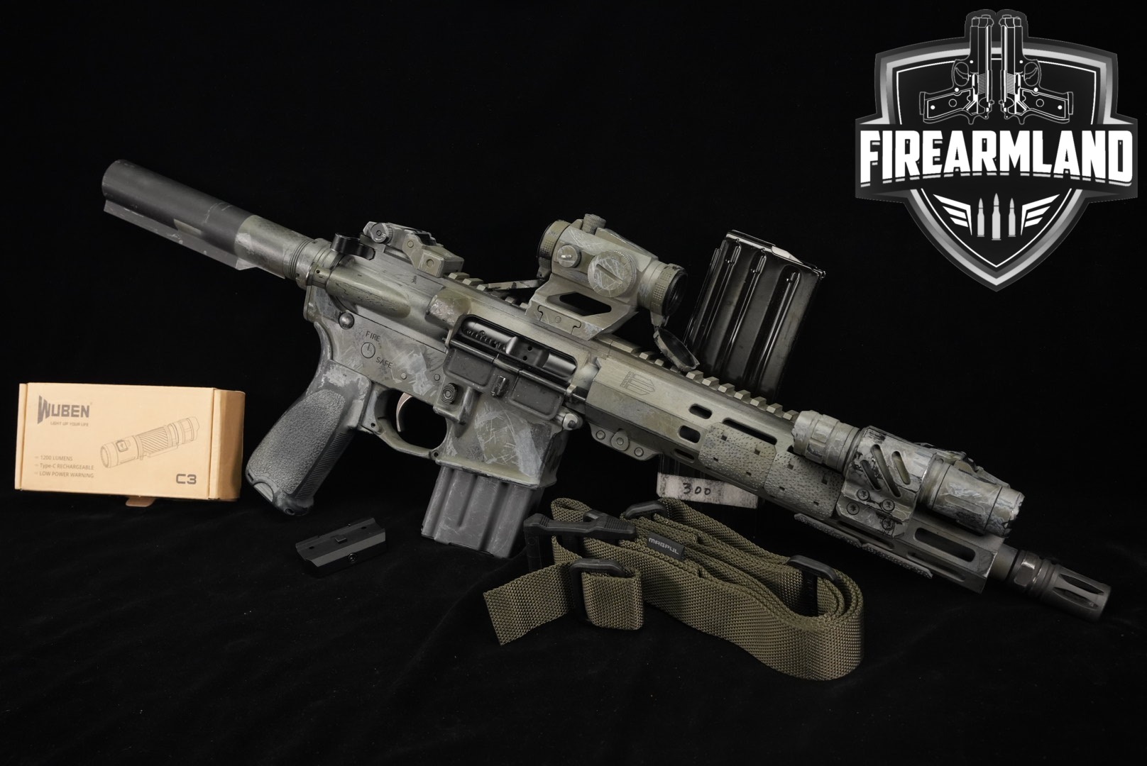 Palmetto State Armory (PSA) PA-15 Pistol .300 AAC Blackout (7.62x35mm) Gray/Green Camo in Good Condition Thumbnail
