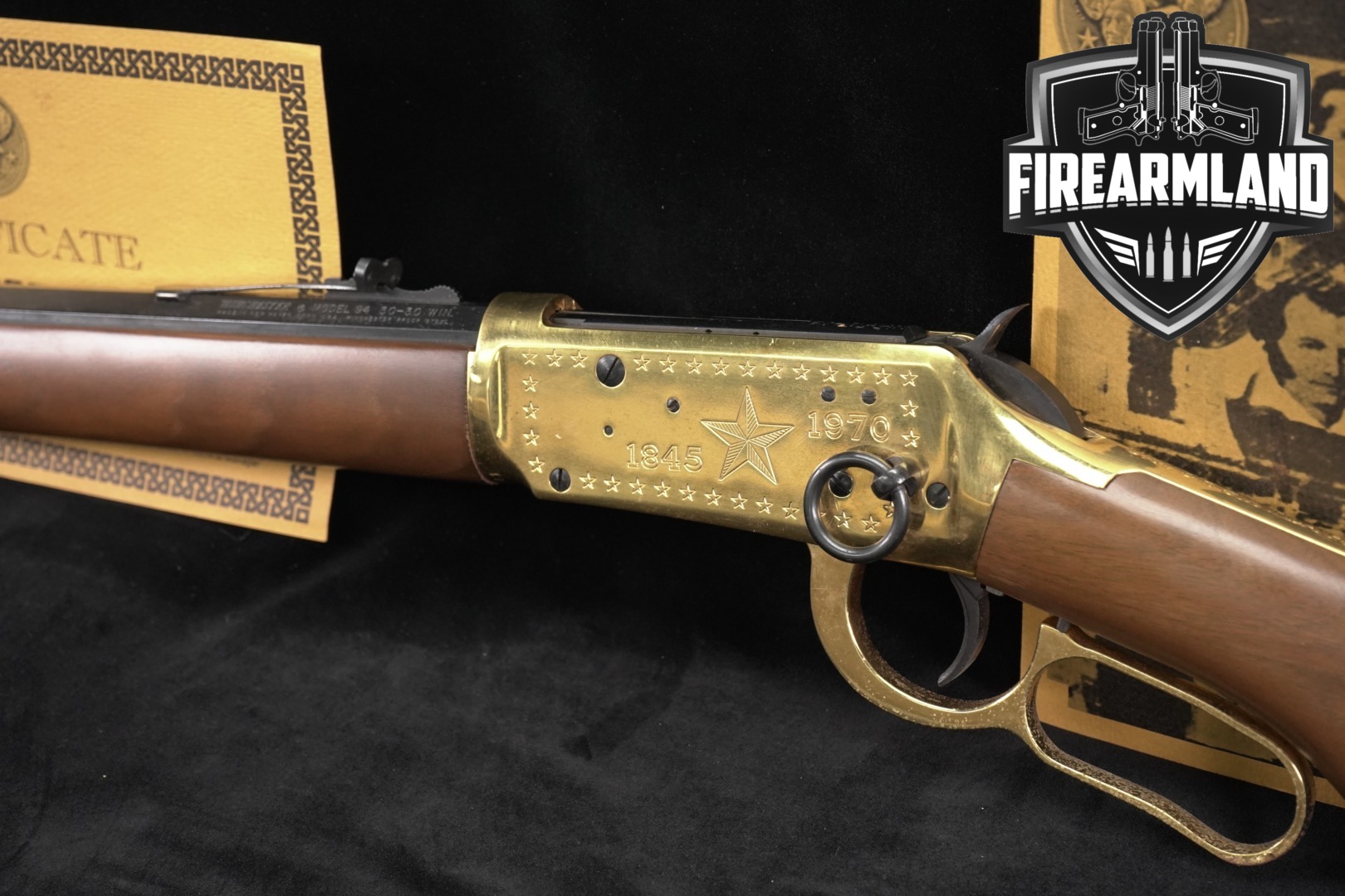 Winchester Repeating Arms Model 94 Lone Star Commemorative Carbine .30-30 Gold Plated & Walnut in Fair Condition Thumbnail