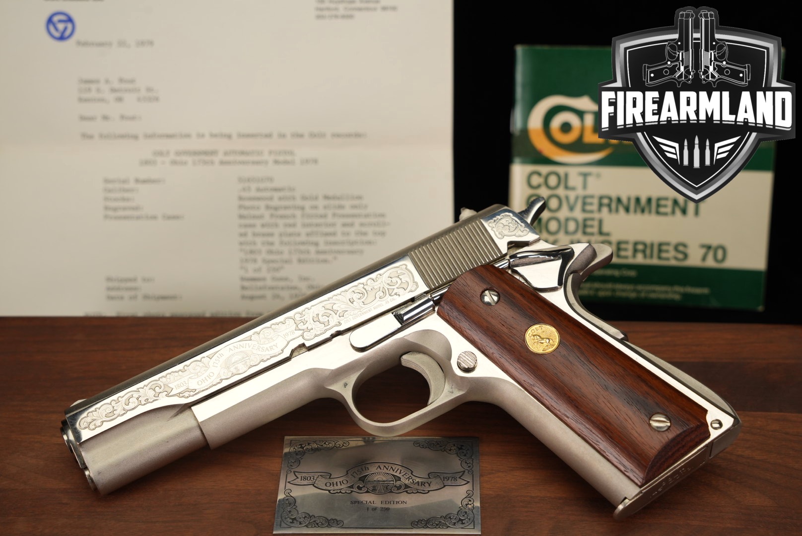 Colt Government Model Series 70; Ohio 175th Anniversary Commemorative (1978); 1 of 250; Custom Shop .45 ACP Two-Tone Silver in Very Good Condition Thumbnail