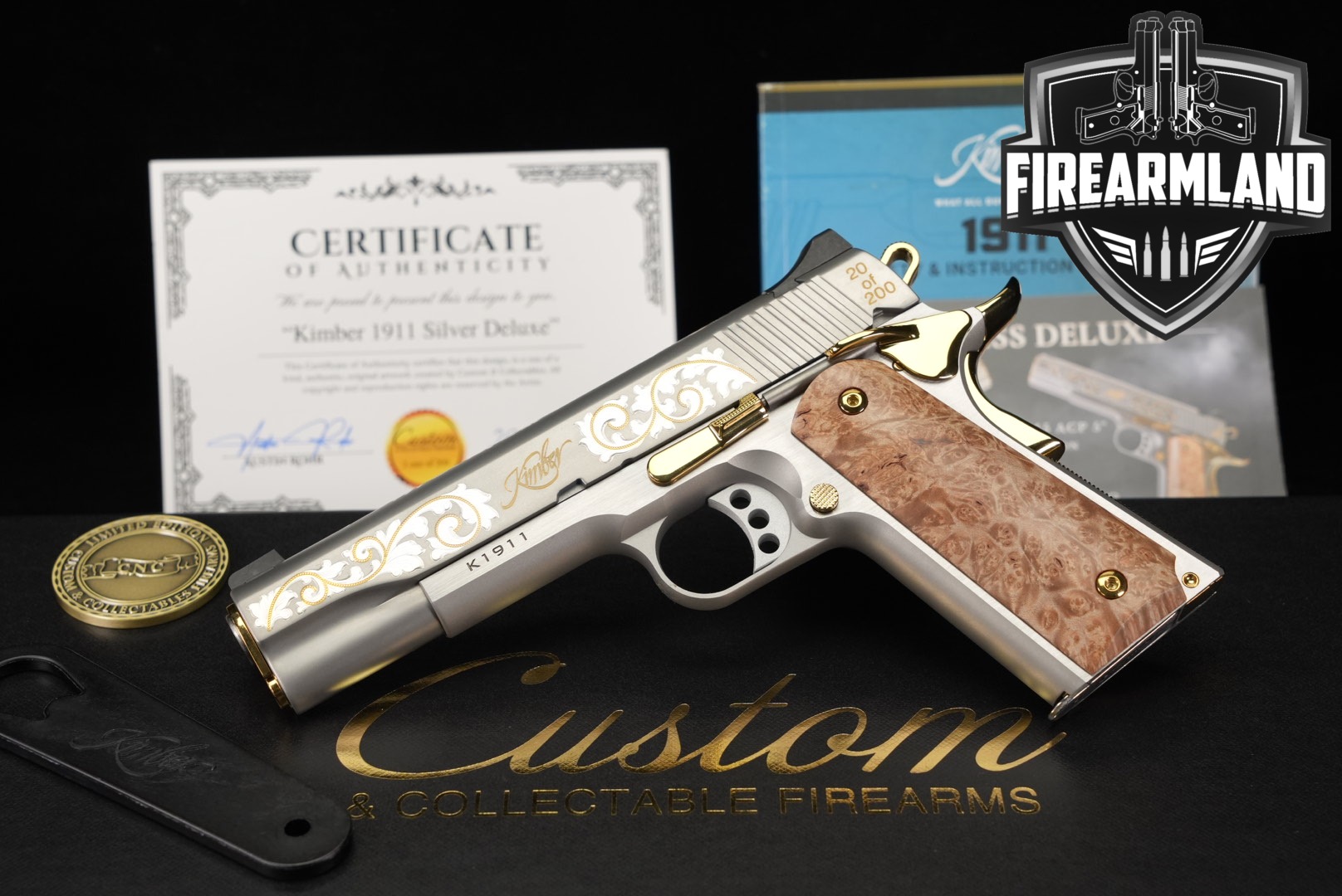 Kimber K1911 Silver Deluxe limited edition (20 of 200) by Custom & Collectable Firearms .45 ACP Satin Stainless in Excellent Condition Thumbnail