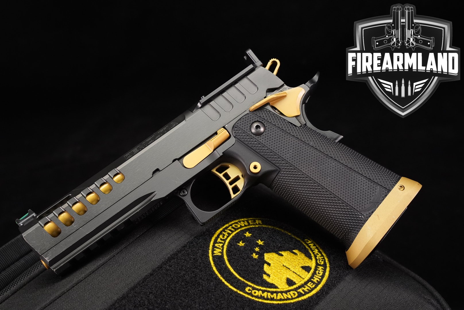 DESIRED Watchtower Defense Demolitia 9mm 1911 2011 GOLD BARREL +ORIG CASE-img-0