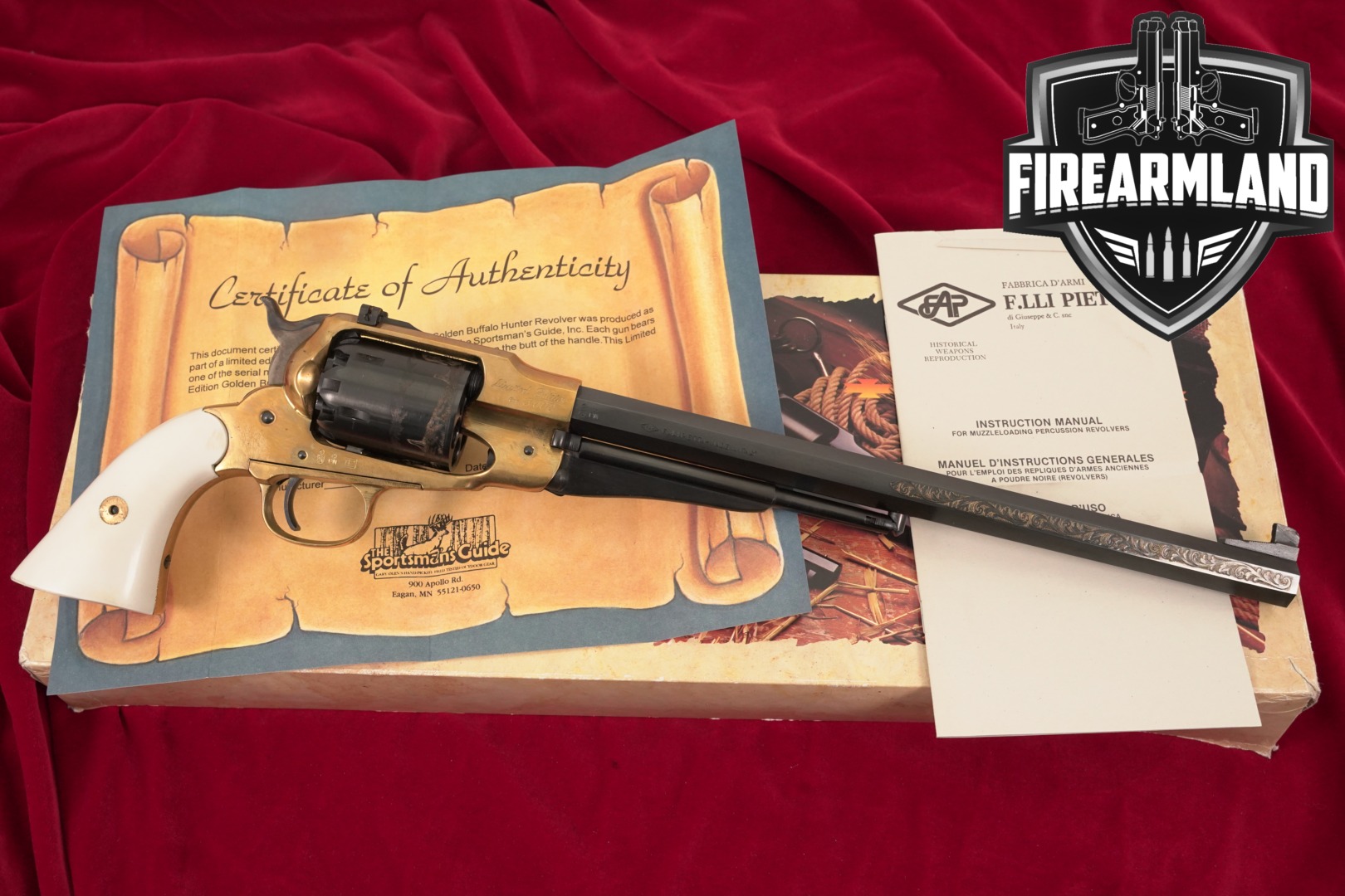 F.lli Pietta Remington 1858 Buffalo; Golden Buffalo Hunter; The Sportsman's Guide Exclusive; Limited Edition of 5000 .44 Blued & Brass in Good Condition Thumbnail