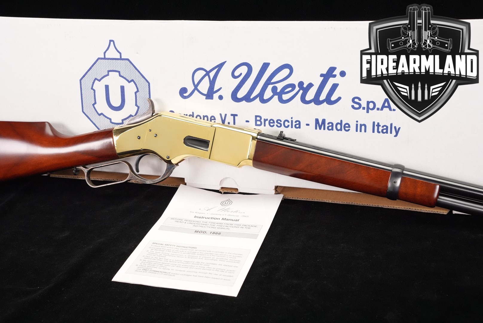 A Uberti Model 1866 Carbine 45 Colt 19" Polished Brass & Walnut +ORIG BOX-img-0