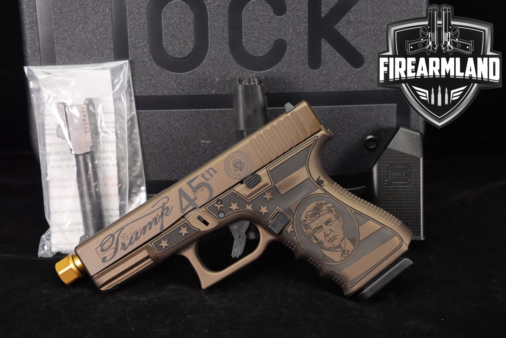 Glock 19 Gen4 G19 Gen 4 TRUMP 45th 9mm Bronze +2 MAGS, ORIG CASE, OG BARREL-img-0