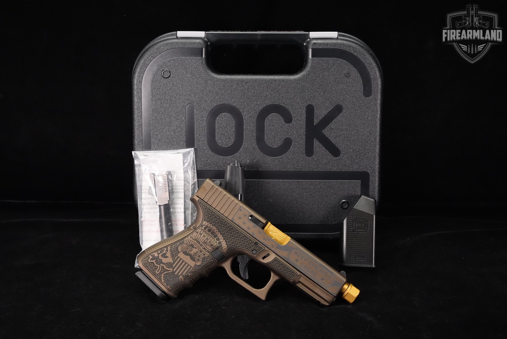 Glock 19 Gen4 G19 Gen 4 TRUMP 45th 9mm Bronze +2 MAGS, ORIG CASE, OG BARREL-img-2