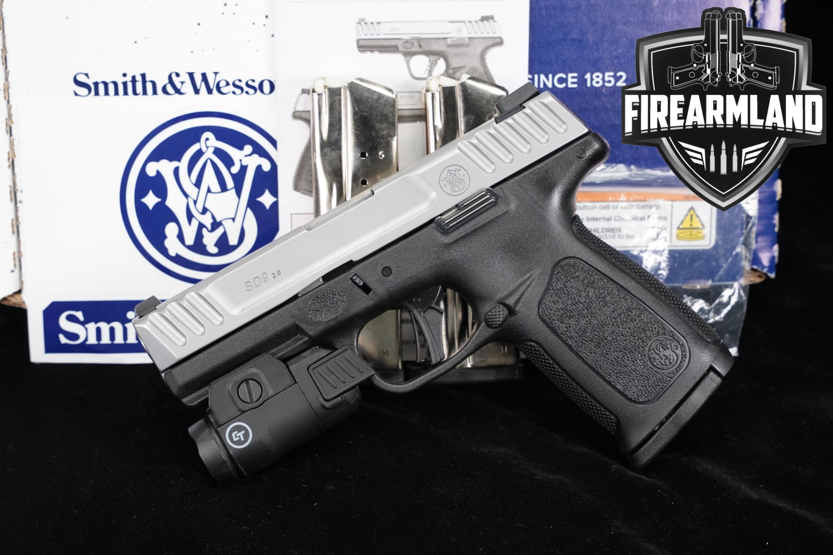 Smith & Wesson (S&W) SD9 2.0 With Crimson Trace CMR-209 light 9mm Luger Two-Tone Satin Stainless in Very Good Condition Thumbnail
